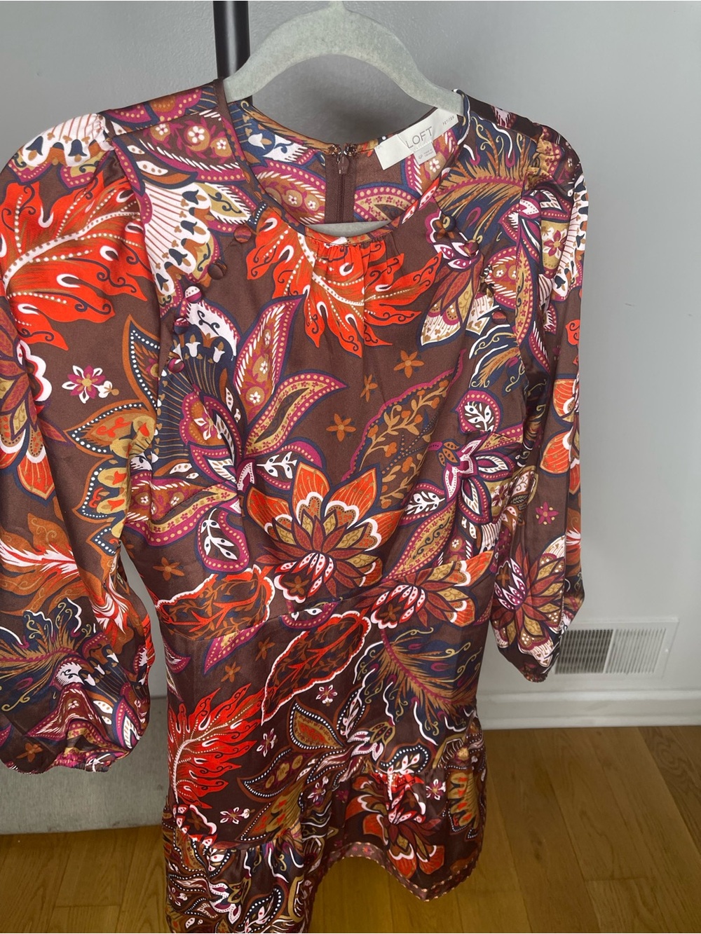 LOFT Brown Floral Paisley Mini Dress with Red & Pink Accents